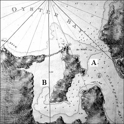 Early map showing Oyster Bay harbor as claimed by the Dutch and English.